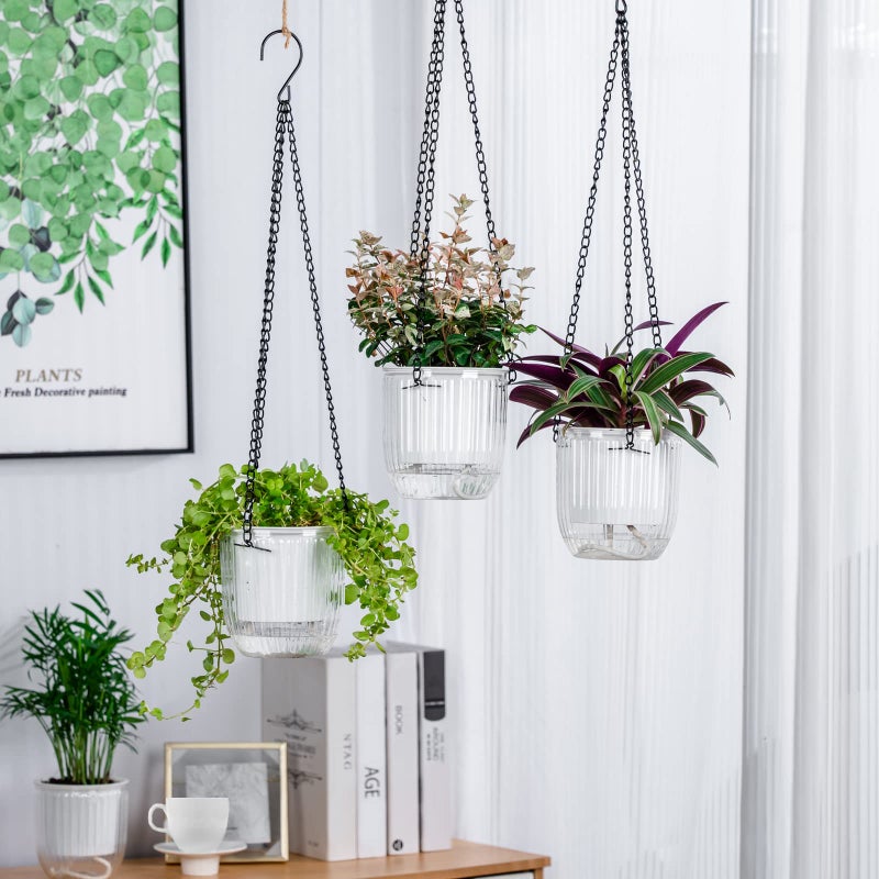 Josteve 4.5 Inch 3 Pcs Self Watering Hanging Planter Indoor Plant Hanging Pots Drainage Holes  Outdoor Small Hanging Planters Flower Pot Basket  Visible Water Level  Plant Hanger Home Decor  Gardening - Image 3
